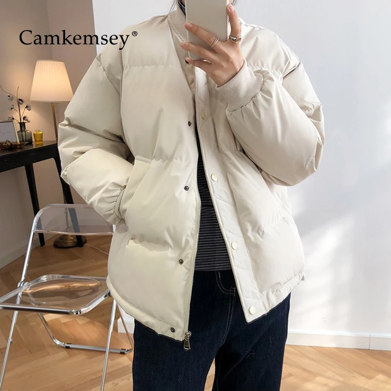 CamKemsey новые корейские зимние пальто женские повседневные однотонные пуховики с хлопковой подкладкой толстые теплые короткие зимние бейсбольные куртки