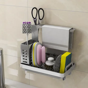 

Stainless Steel Wall Mounted Countertop Rustproof Rag Rack Suction Cup Kitchen Sink Caddy Organizer Sponge Soap Brushes
