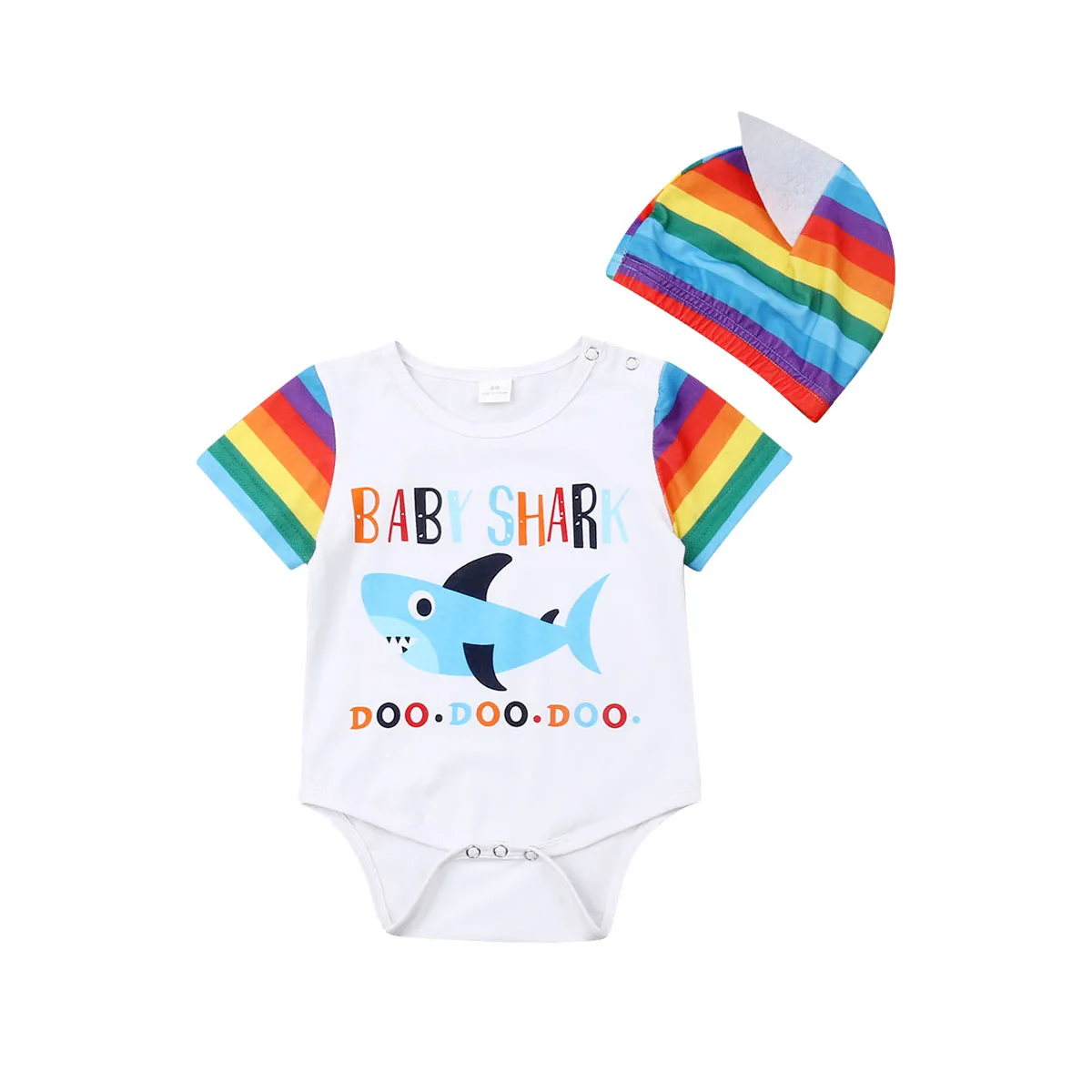 

2PCS Newborn Baby Boy Girl Bodysuits Summer Short Sleeve Rainbow Jumpsuit Bodysuit+ Hat Outfits