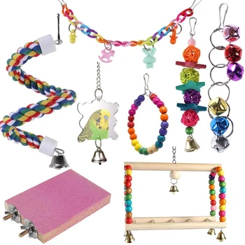 

Bird Toys Parrot Swing Toy with Colorful Wooden Beads Bells and Pet Bird Cage Hammock Hanging Chew Toys for Small Parakeets Cock