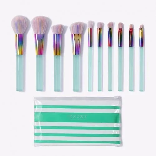 Transparent green Docolor 10 шт. кисти для макияжа Набор Пудра основа тени для век Румяна смешивание косметика красота макияж кисти с сумкой наборы инструментов - Handle Color: Transparent green