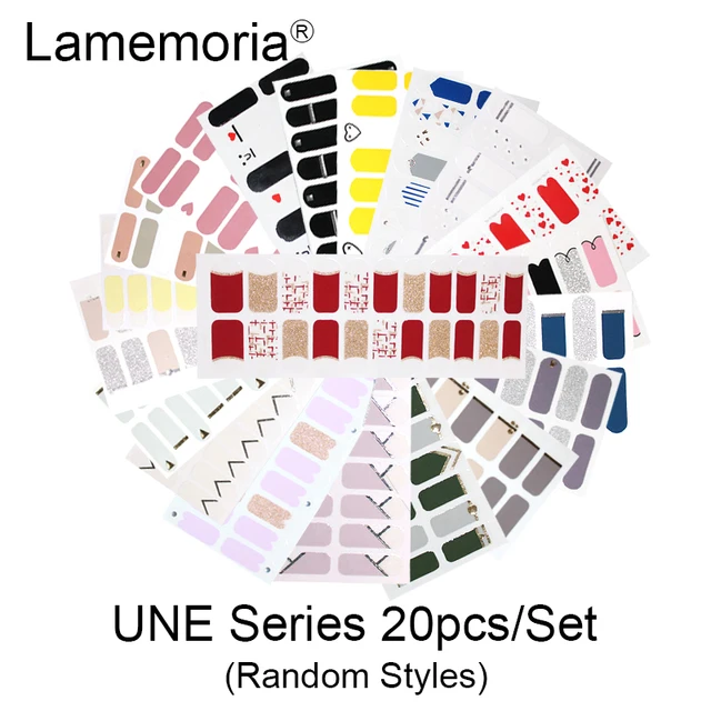 10/20pcs Full Cover Wraps Nail Polish Stickers Strips Plain Nail Art Decorations Stripe Designs Glitter Powder Manicure Tips UNE-20pcs random