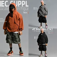 

1/6 Scale Trendy Male Figure Street Style Jacket Hooded Half-zip Coat Clothes Big Pocket Shorts Pants for 12'' Man Body