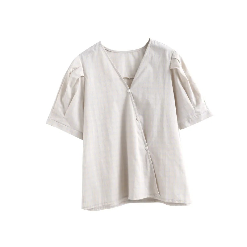 Women 2020 Summer Retro Casual Slim Thin Girl V-neck Slant Placket Tops Female Bubble Sleeves Single-breasted Lattice Blouse