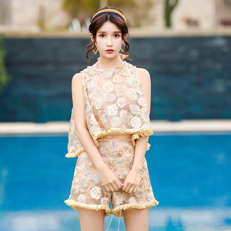 

South Korea Transparent Lace Four-piece Set Bathing Suit Women's Slimming-Split Type Size Chest Push up Bikini Cover-up Swimwear