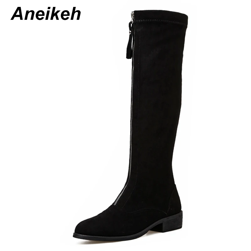 

Aneikeh New 2019 Fashion Flock Women Knee-high Boots Zip Solid Square High Heels Shoes Woman Round Toe Wedding Party Black 35-39