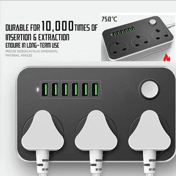 

Fast Charging Socket UK FUSED Plug Power Strip 3 AC Outlet 6 USB Extender With 1.8M Cable Safety Network filter for Home Office