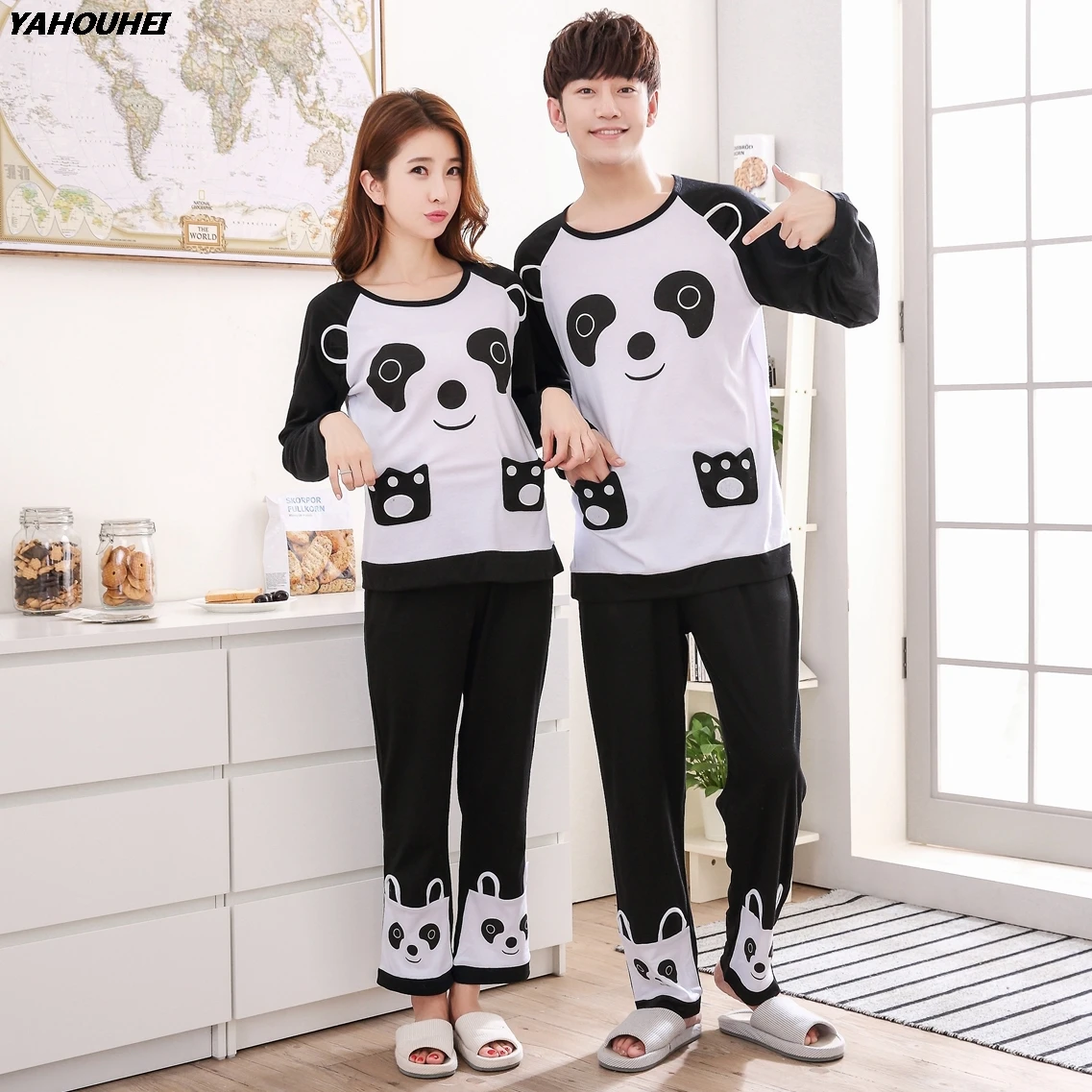 

High Quality Couples 100% Cotton Pajama Sets For Women New Autumn Long Sleeve Cartoon Pyjama Pijama Men Lounge Homewear Clothing