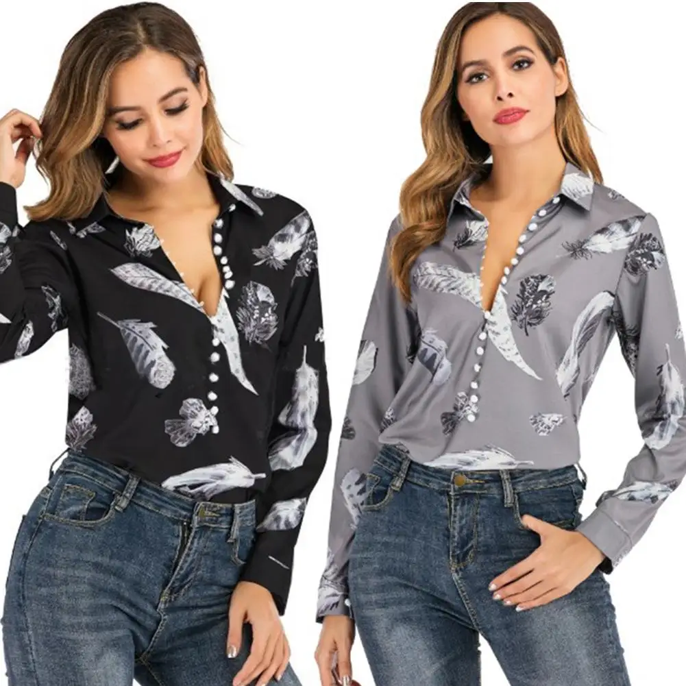 

Office Lady Casual Long Sleeve Turn Down Collar Feathers Print Buttons Shirt Long Sleeve Turn-down Collar Blouse Work Shirt tops
