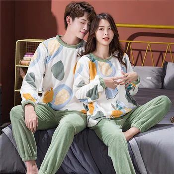 

Lovers Pajamas Set Warm Winter Sleepwear Women Man Long Sleeve Nightwear Flannel Top+Pants Couple Home Pyjama Suit Panda Costume
