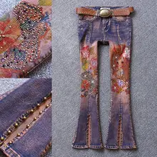Весенне-осенняя мода новое поступление бисерный принт джинсы женские с высокой талией окрашенные Сплит обтягивающие расклешенные джинсы