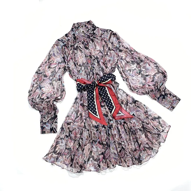 

High Quality Korean Clothing 2021 Spring New Arrival Flowers Print Long Sleeve Elegant 100% Crinkle Silk Mini Dresses For Women