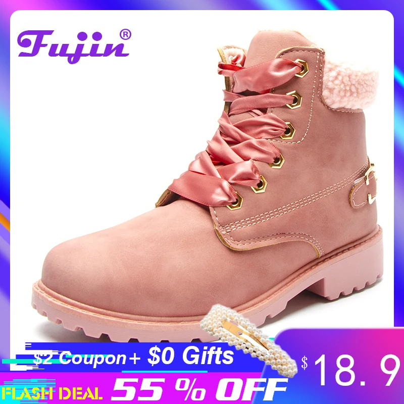 Online Fujin para mujer botas de invierno con plataforma rosa botas de mujer botas de tobillo casuales con cordones botines redondos zapatos de mujer botas de nieve de invierno tobillo