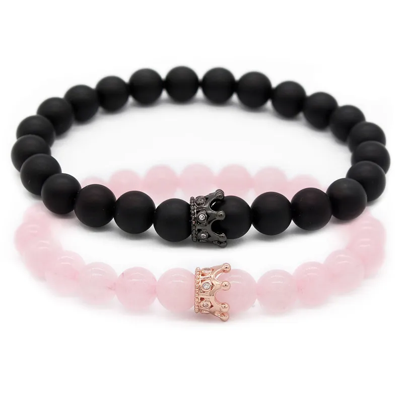 pink and black 8 мм браслеты с бусинами из натурального камня и браслеты Король Королева пара браслет для влюбленных его и ее ювелирные изделия ручной работы MBR180309 - Окраска металла: pink and black