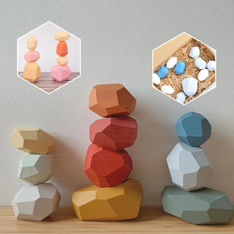 

Children's Wooden Colored Stone Jenga Building Block Educational Toy Creative Nordic Style Stacking Game Rainbow Wooden Toy Gift