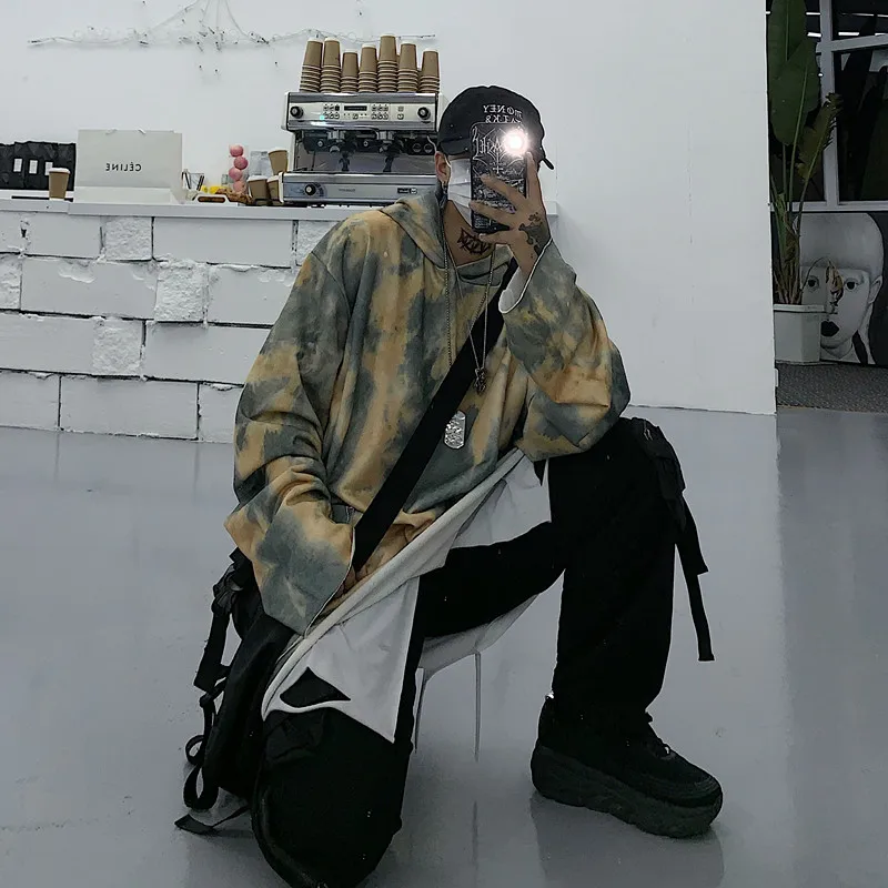 Негабаритных Harajuku уличная граффити галстук краситель контраст с капюшоном карман Толстовка пуловер Толстовка для женщин мужчин панк хип хоп тонкая футболка