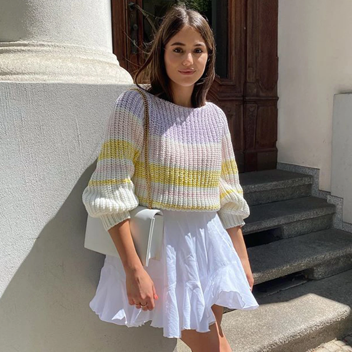 

Jastie Chic Boat Neckline Women Sweaters Jumper Top Contrast Knit Pullovers Loose Casual Winter Clothes Women Knitted Jumpers