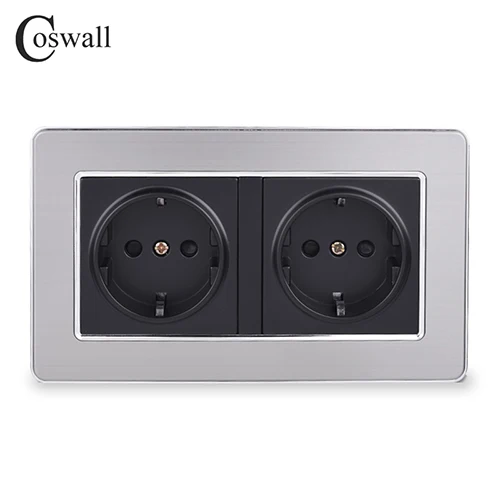 Black COSWALL 16A двойная настенная розетка стандарта ЕС Роскошная розетка с заземлением из нержавеющей стали панель с детской защитной дверью - Тип: Black