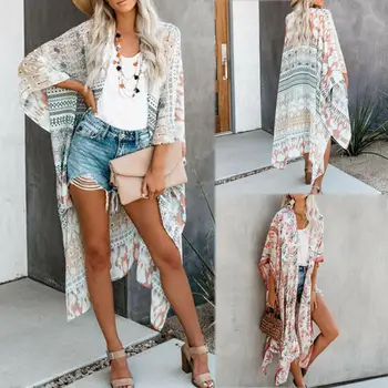 

Floral Women Cardigan Chiffon Blouse Tops Kimono Vintage BOHO Loose Beach Shawl
