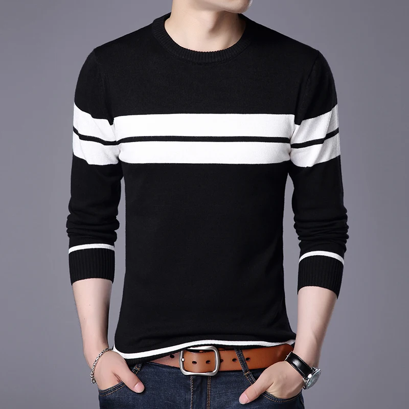 

M-3XL 2019 Autumn Winter Casual Men's Sweater O-Neck Striped Slim Fit KnittwearPullovers