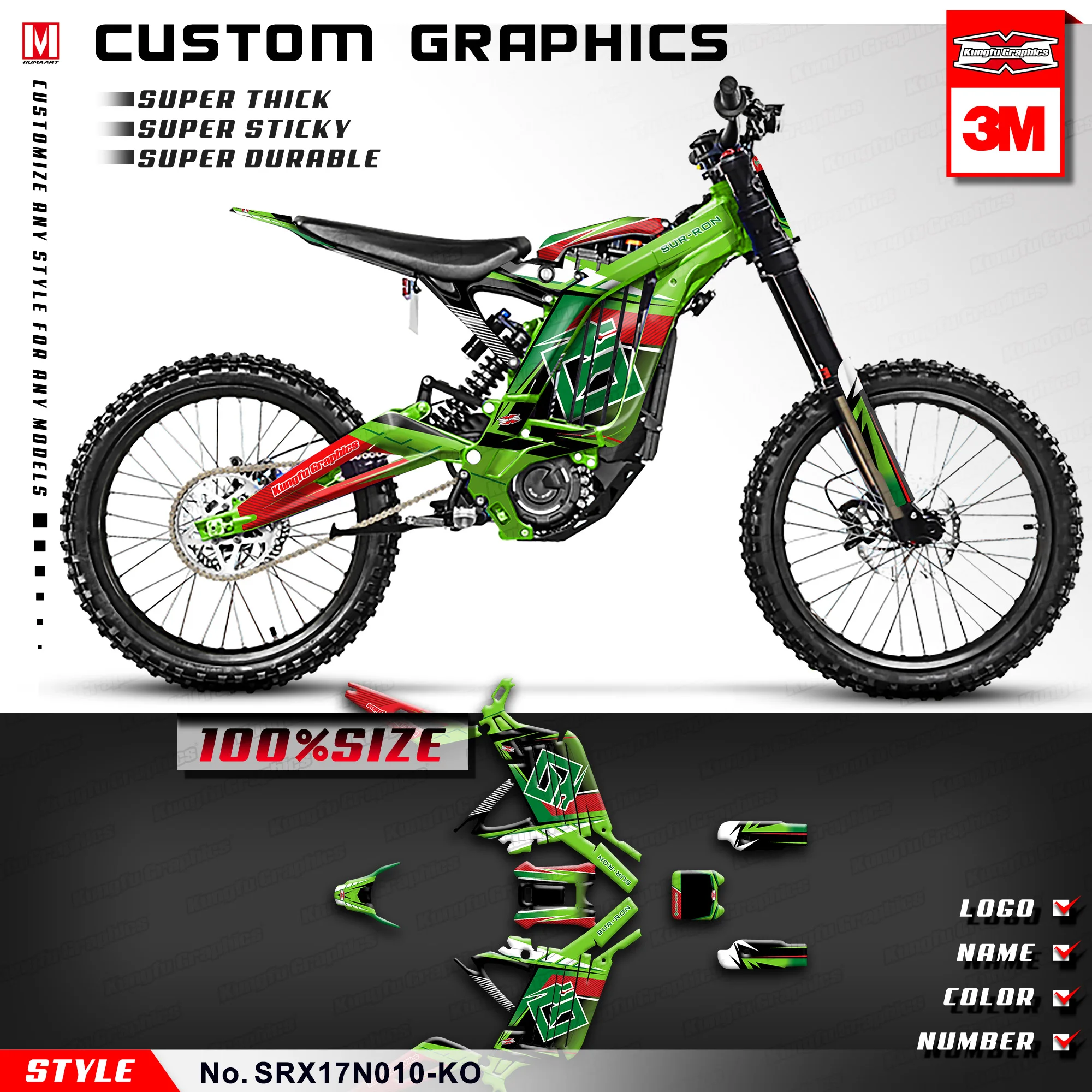 KUNGFU GRAPHICS Sticker Design Decals Custom Vinyl Wrap for Sur-Ron Light Bee X/S Electric Bike (Style no. SRX17N010-KO)