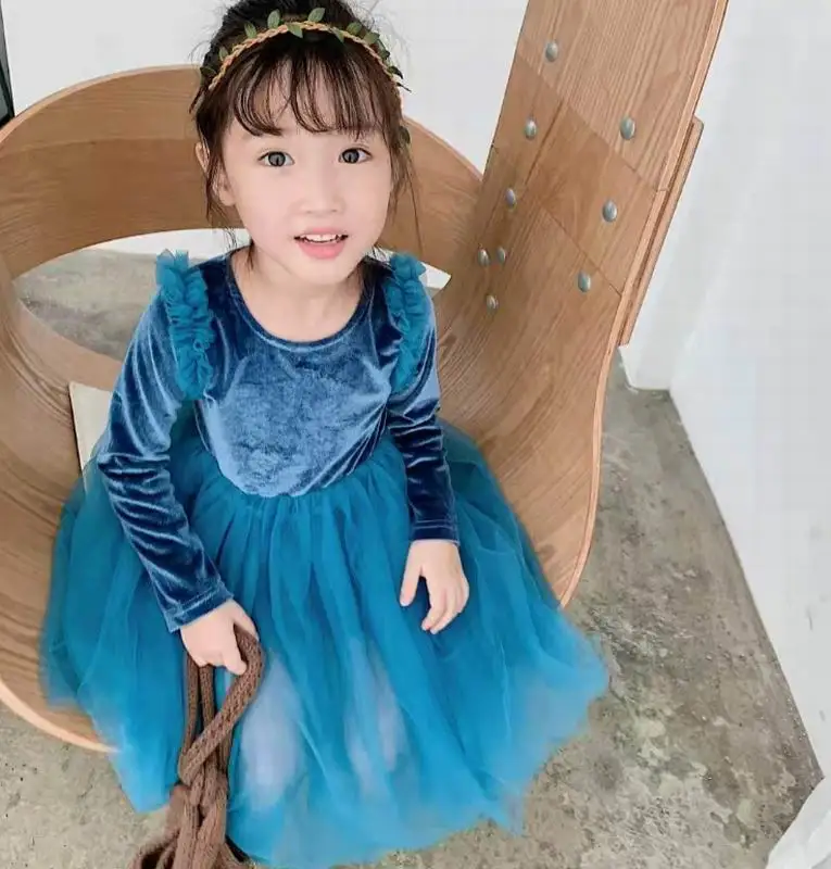 Бархатные платья для девочек, пышное голубое платье принцессы с длинными рукавами, одежда для малышей, От 2 до 8 лет, E18002