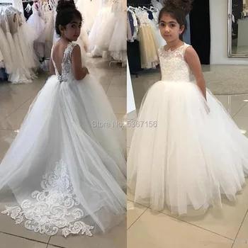 

Flower Girl Dresses For Weddings Lace Appliques Sleeveless Sweep Train Girls Pageant Dress For Wedding Prom Kid Communion Gowns