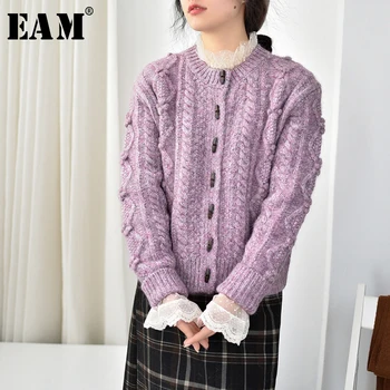 

[EAM] Purple Button Knitting Cardigan Sweater Loose Fit Round Neck Long Sleeve Women New Fashion Tide Autumn Winter 2020 1Y149
