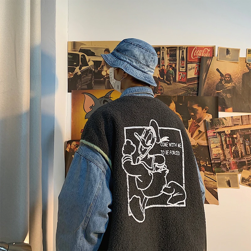 

2019 Winter New Korean Version Of The Thick Small Fresh Students Wild Denim Stitching Contrast ColorLoose Wool CoatStreet Casual