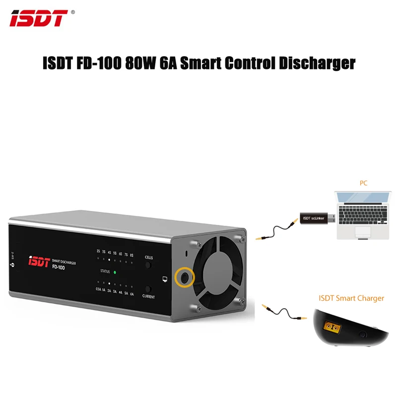 

Original ISDT FD-100 80W 6A Smart Control Discharger for 2S-8S Lipo Battery for RC Models User Charging XT60 Port Charger
