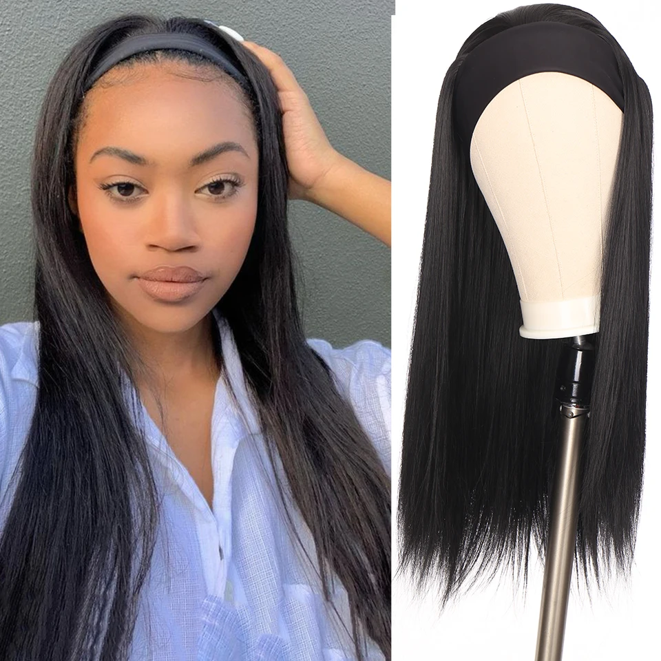 HOUYAN Long straight black brown two-color hair band ribbon synthetic wig for daily wear by African women
