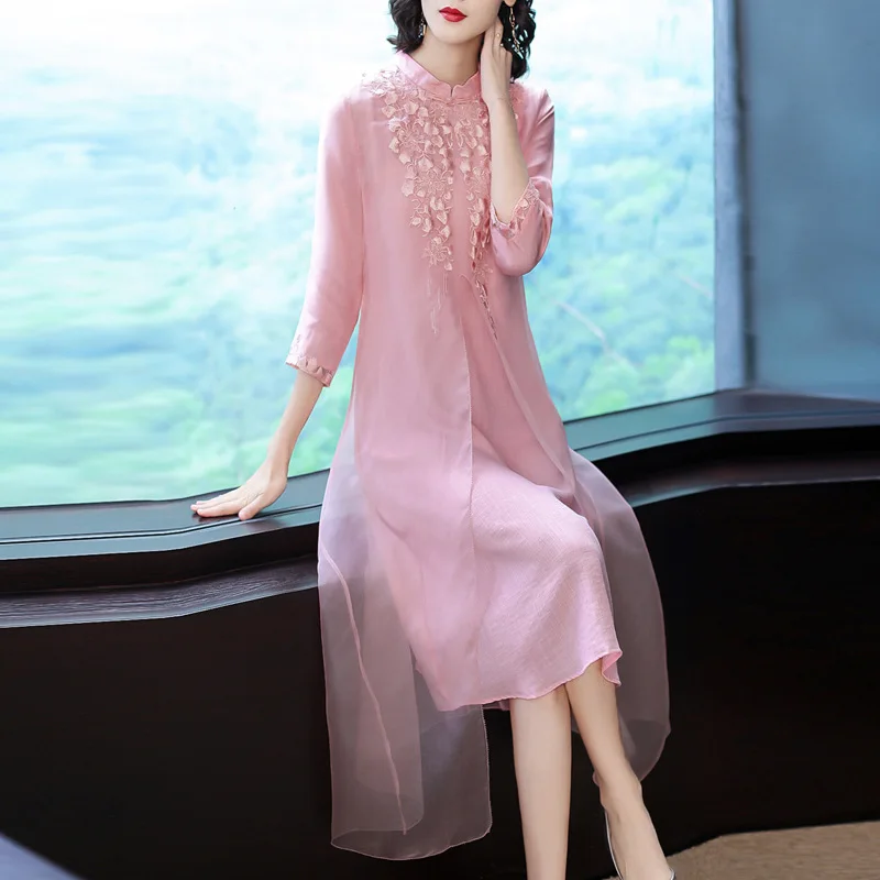 

2019 Spring New Style Improved Cheongsam Women's Chinese Style Retro Embroidered Fashion Elegant Loose-Fit Mid-length Dress