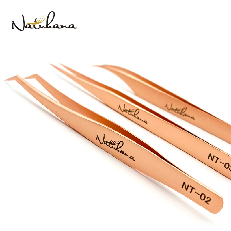 

NATUHANA Anti-Static Eyelash Extension Tweezer Gold Stainless Steel Eyelashes Tweezers Professional for Volume Fan Makeup Tools