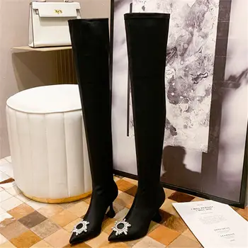

Thigh High Boots Women Crystal Buckle Strange Style High Heels Over the Knee Boots High-heeled Shoes Woman Stretch Sock Boots