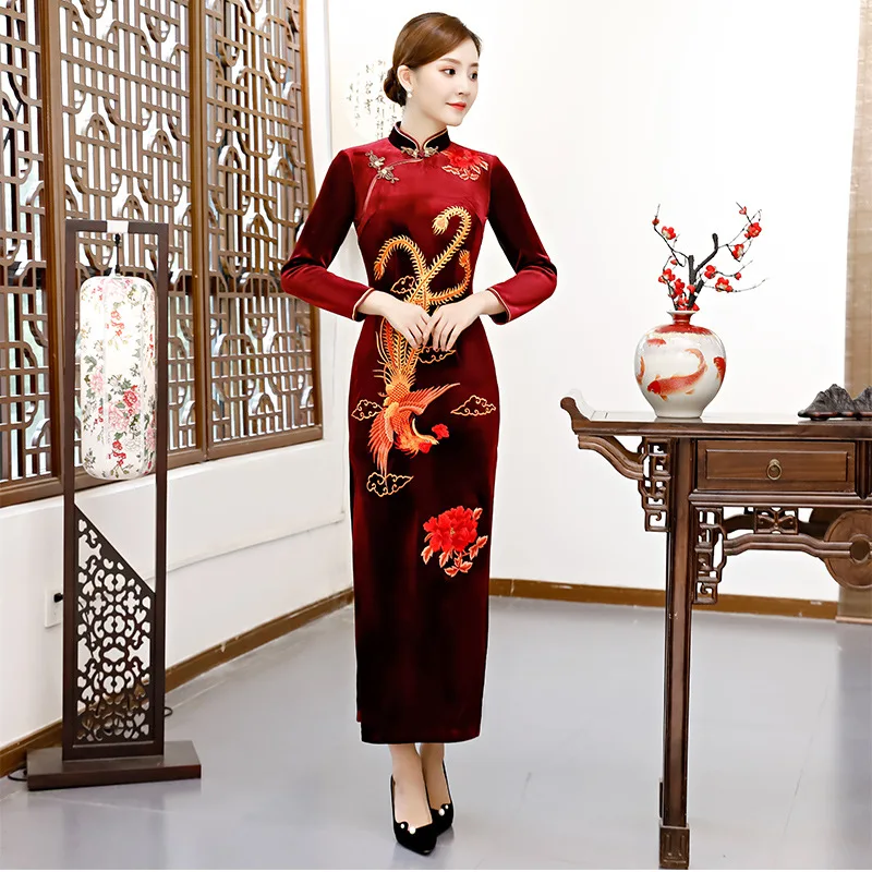 Классическое женское платье с цветочной вышивкой, Qipao, сексуальное, с высоким Чонсам с высоким разрезом, зимнее, новое, плотное, китайское