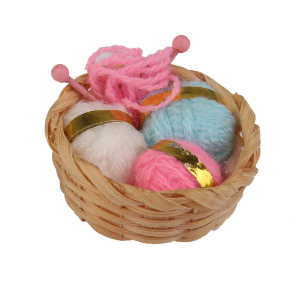 1/12 Knitting Work Bamboo Basket w.Woolen Threads Needle Dollhouse Accessory
