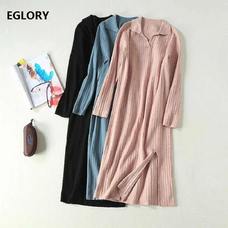 Best Price High Quality Sweater Dress 2019 Autumn Winter Casual Dress Women Turn-down Collar 3/4 Sleeve Split Blue Pink Black Knitted Dress