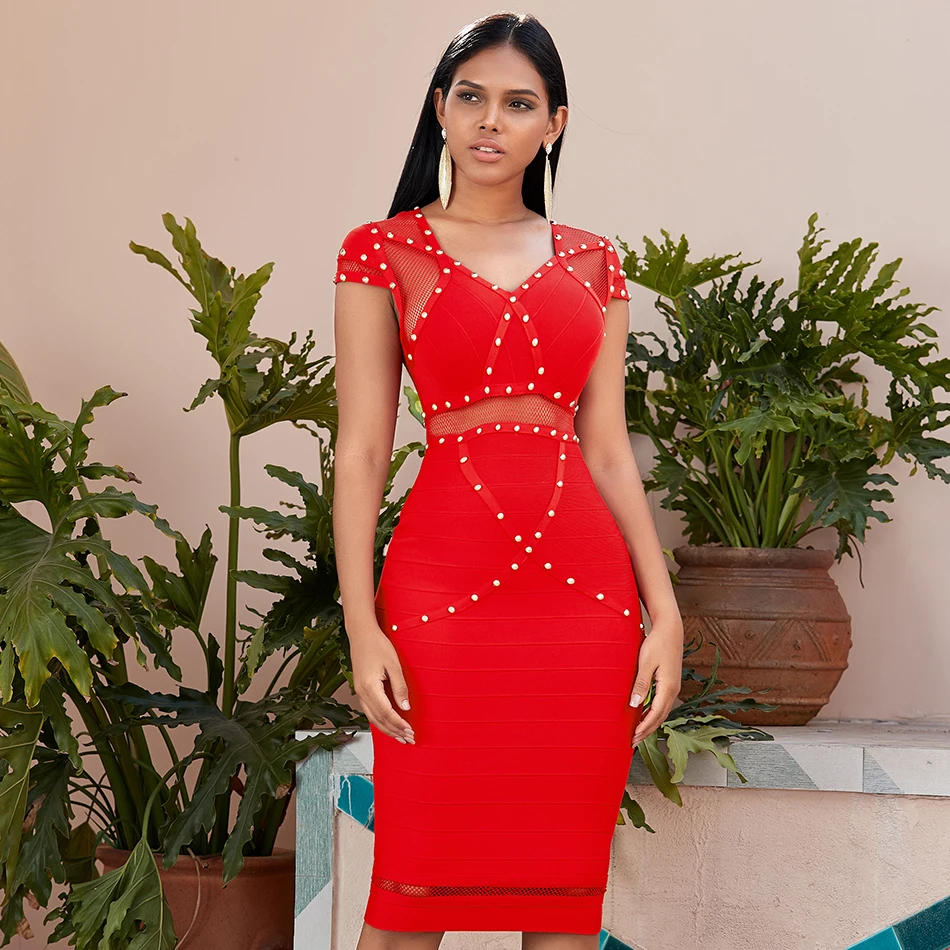 Seamyla женские летние красные с коротким рукавом с заклепками бандажные платья с вырезами облегающие вечерние платья знаменитостей для подиума Клубные платья