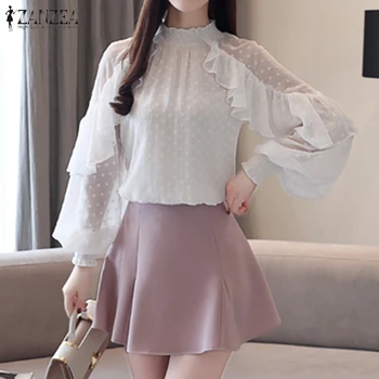 

S 5XL 2020 Elegant OL Chiffon Blouse ZANZEA Spring Long Lantern Sleeve Tunic Tops Women Ruffle Collar Polka Dot Mesh Sheer Shirt
