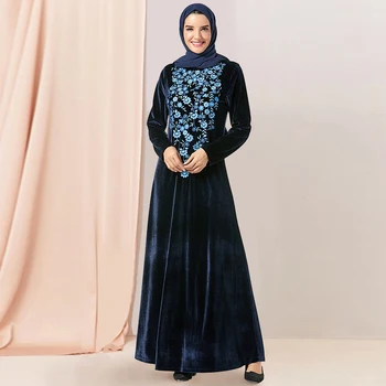 

Siskakia Plus Size Chic Floral embroidery Maxi dresses Elegant O Neck Long Sleeve Swing Arabian Clothes Navy Blue Winter 2019
