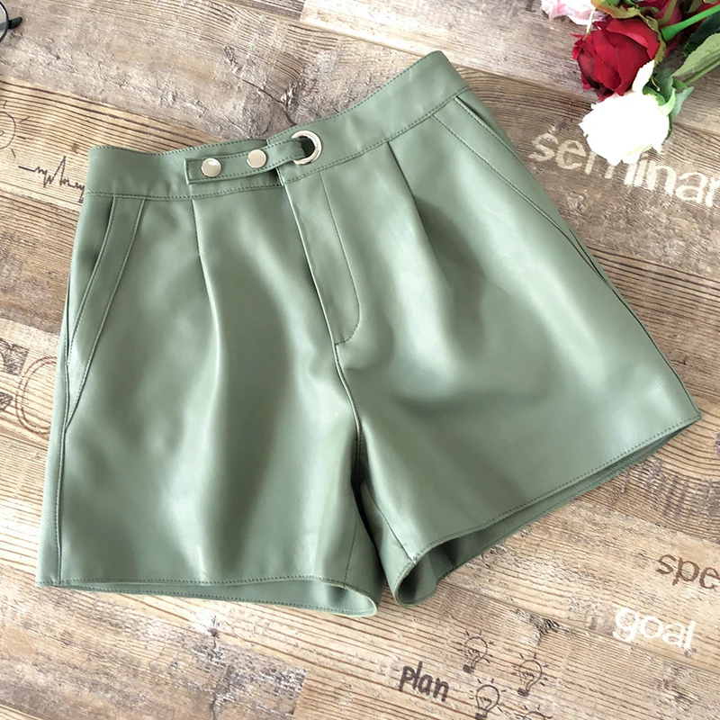 2020 Winter New Womens Sheepskin Shorts Fashion High Waist Green Wide Leg Leather | Женская одежда