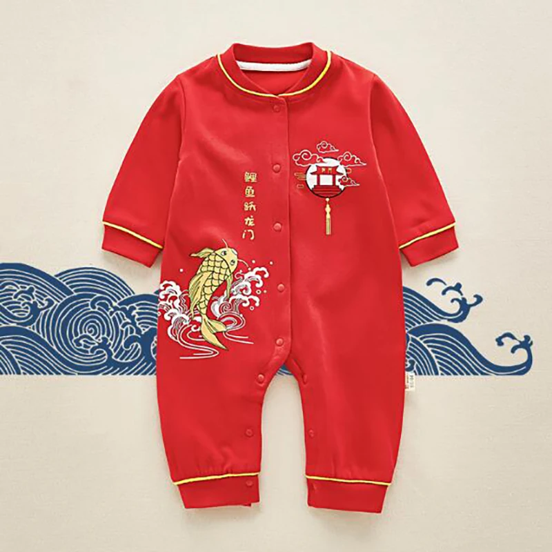 Комбинезоны для новорожденных; одежда для малышей в китайском стиле; красная одежда с длинными рукавами; хлопковые Рождественские Ползунки - Цвет: YZM010A