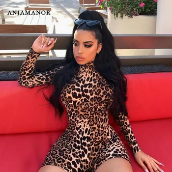ANJAMANOR Cheetah Print Sexy Rompers Playsuit Fall Clothes for Women Clubwear High Neck Long Sleeve Bodycon Jumpsuit D83-I62 2