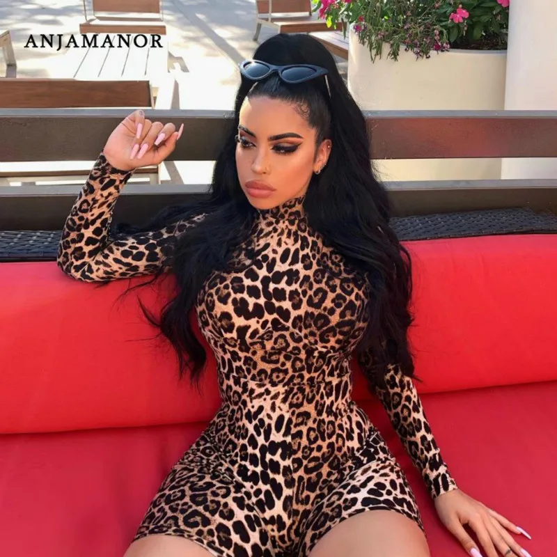 ANJAMANOR Cheetah Print Sexy Rompers Playsuit Fall Clothes for Women Clubwear High Neck Long Sleeve Bodycon Jumpsuit D83-I62
