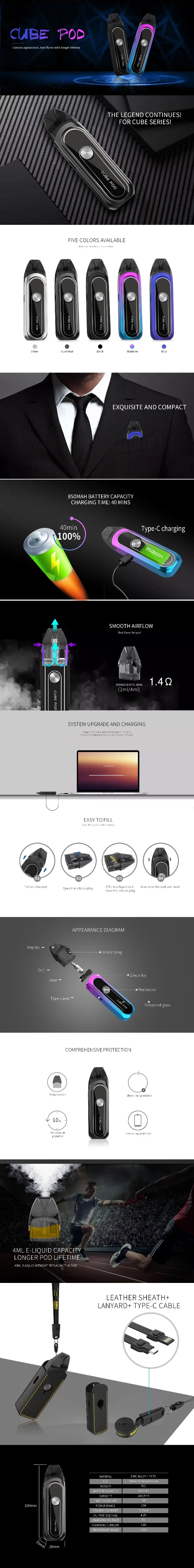 OBS cube Pod Комплект 50 мАч встроенный аккумулятор Vape мод с 4 мл Pod электронная сигарета картридж испаритель комплект