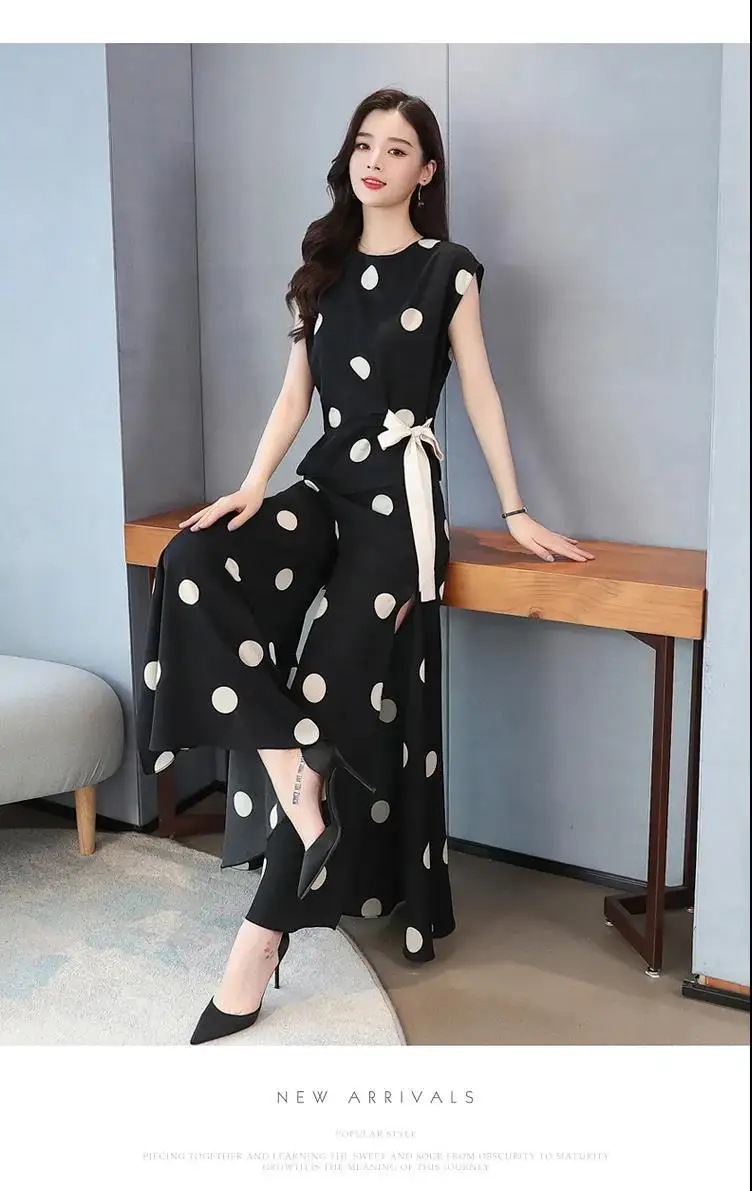 Chiffon Wide-Leg Trouser Suit For Women Summer Chic Elegant Polka Dot Print Ivory Blouse + Pants Culottes Two-Piece Set Slimming tie dye tracksuit set