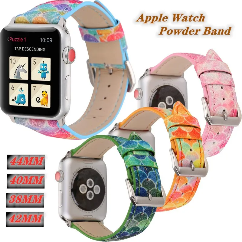 Блестящий кожаный ремешок для Apple Watch Band 44 40 мм напечатанный сменный Браслет ремешок аксессуары 38 42 мм для iwatch 4/3/2/1