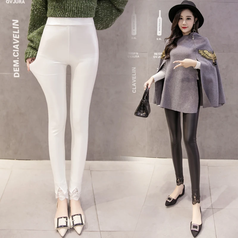 Solid color women leather pants autumn thin section lace split fork Pu leather pants women elastic leggings Slim thin feet pants