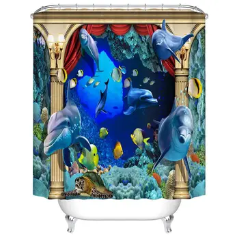 

Waterproof Thicken Blue Under the Sea Dolphin Polyester Mildew Proof Bath Tub Shower Curtain with 12 pcs Hooks