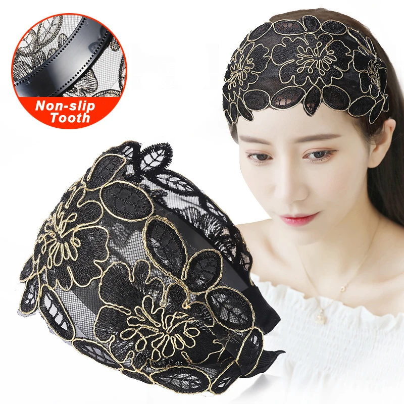 Fascia per capelli con fiori in pizzo Fascia larga per capelli da donna Fasce per capelli dentate antiscivolo Fascia per capelli con castone Accessori per capelli Copricapo - immagine 6